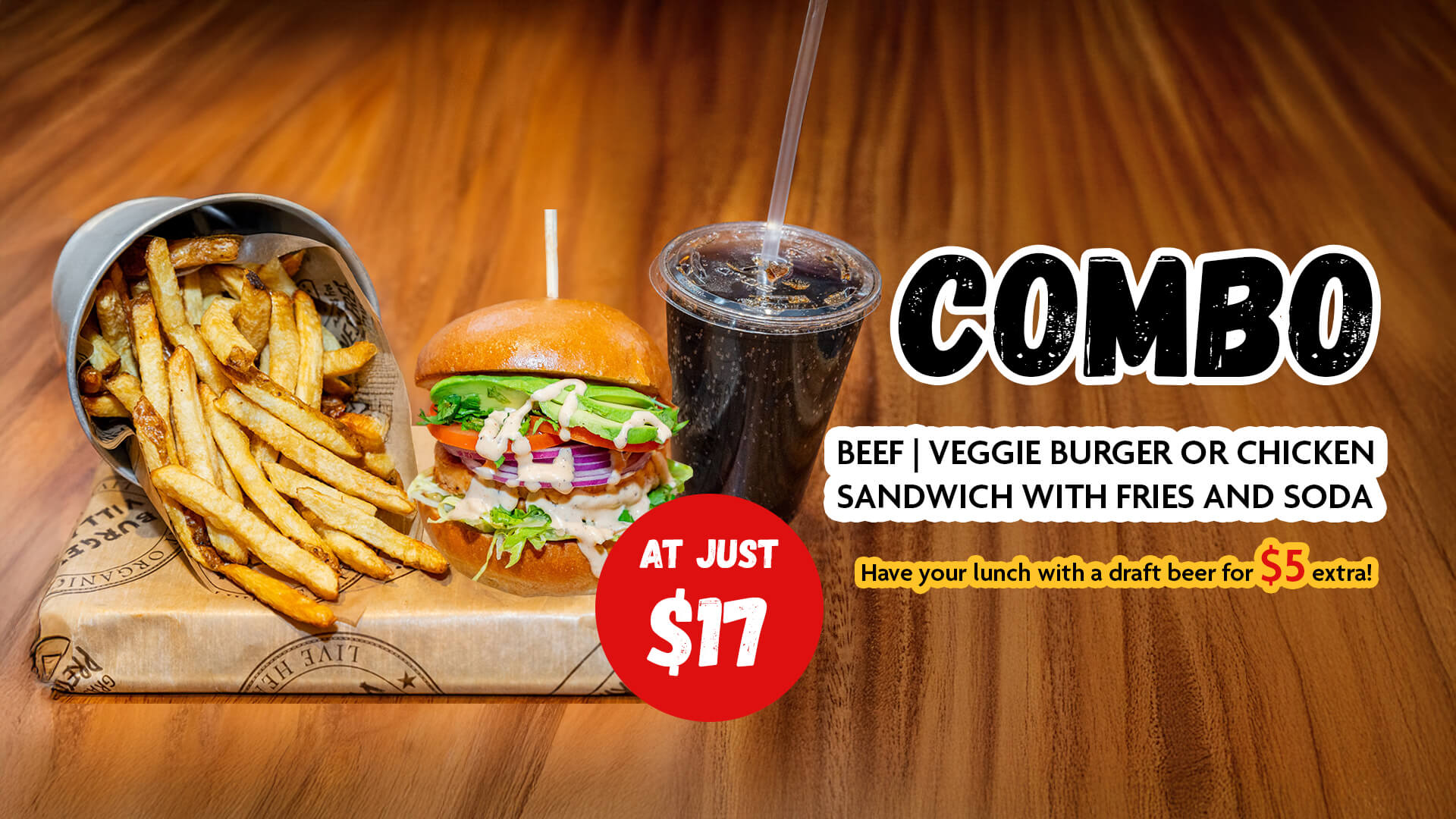 Lunch Special Combo - Beef - Veggie Burger or Chicken Sandwich With Fries and Soda