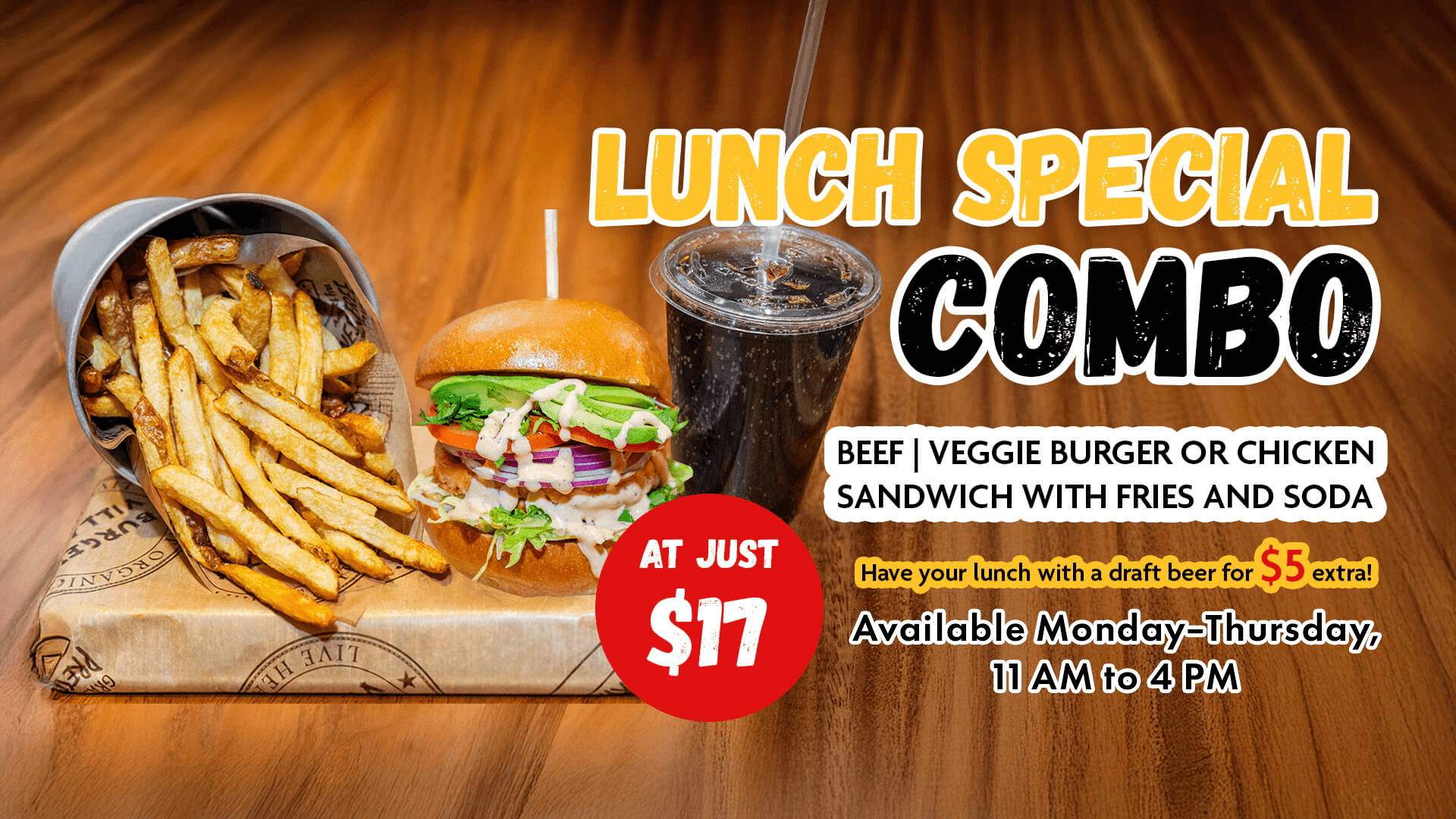 Lunch Special Combo - Beef - Veggie Burger or Chicken Sandwich With Fries and Soda